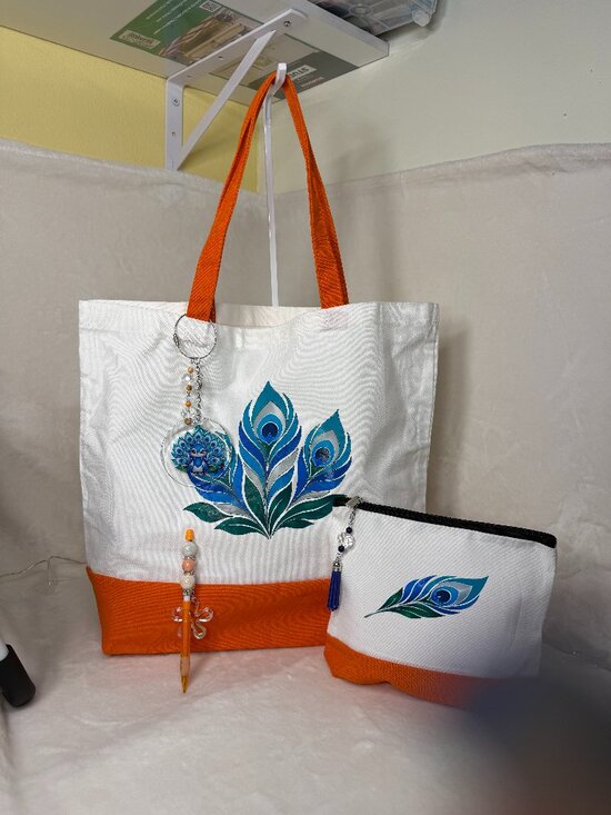 Pepa by Murr Handbags - Peacock Feather Tote Bag Set with Matching Pouch & Pen